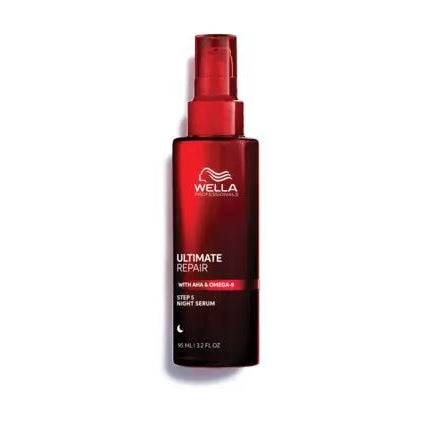 Red Wella Ultimate Repair Night Serum bottle with pump, 95ml, for hair repair and deep conditioning, personal care product