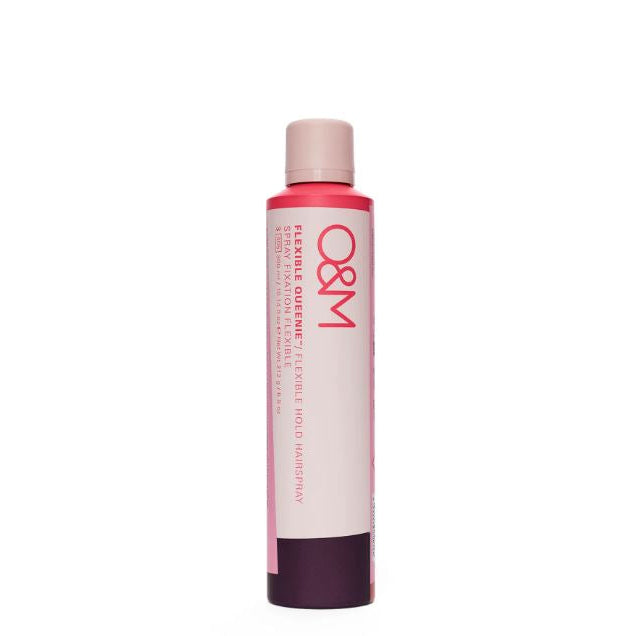 A bottle of O&amp;M Elastic Solution Flexible Hold Hair Mender in a pink and white design with a dark purple base, shown against a plain white background.