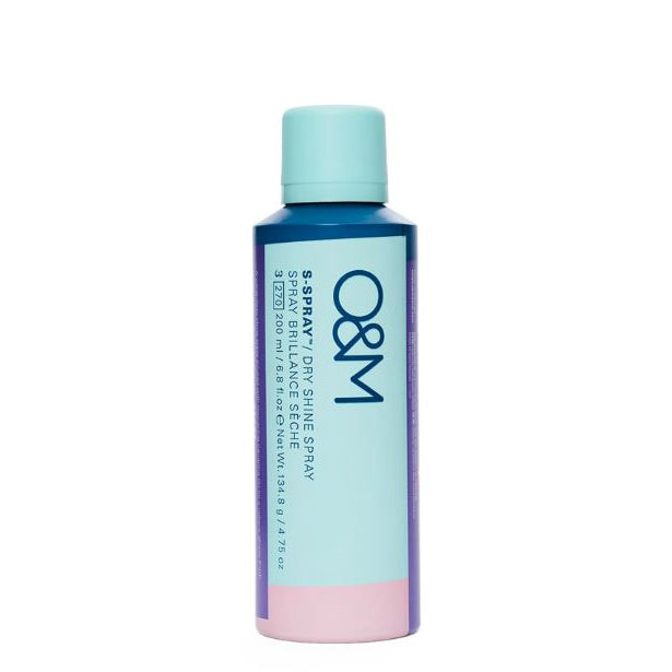 O&amp;M haircare 3 Spray / Dry Shine Spray bottle with a pastel blue and pink design, on a solid white background.